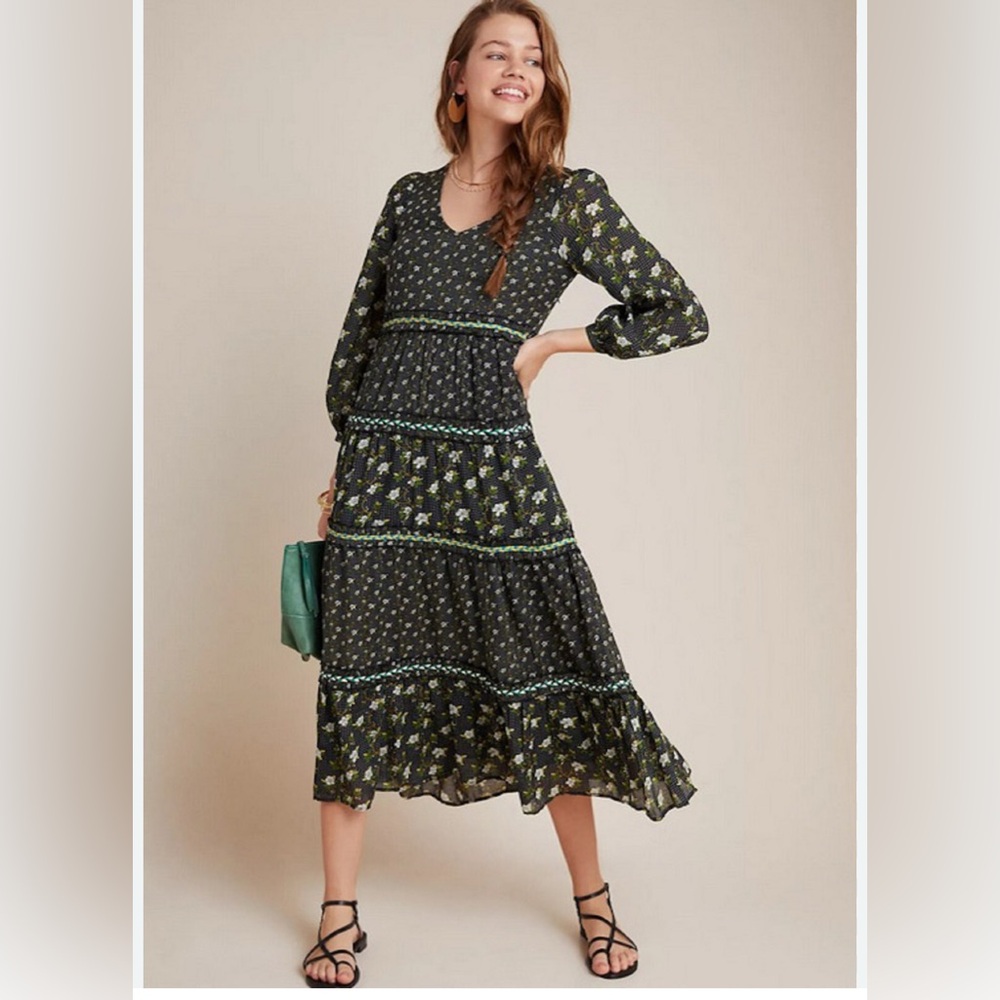Anthropologie Black Floral Tiered Long Sleeve Maxi Dress